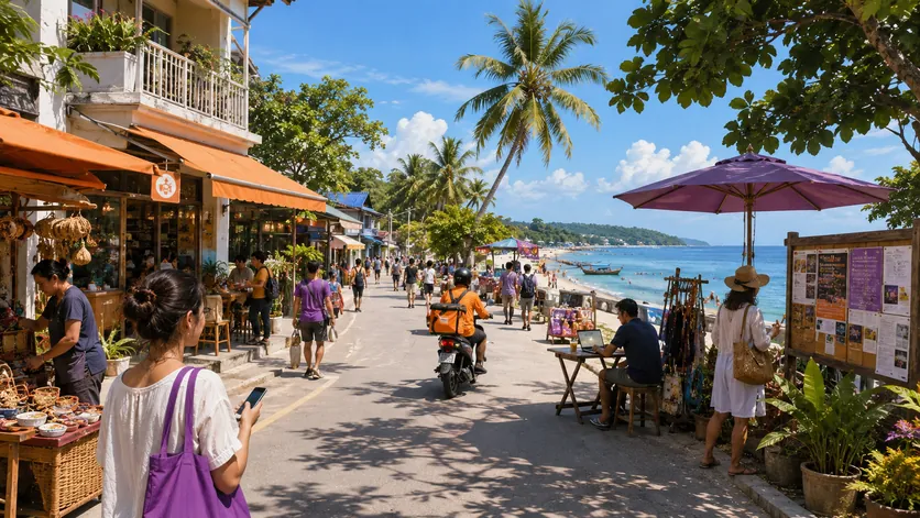 Bright seaside town in Thailand showing homes, local shops, market stalls, beach activity and everyday community life, representing local listings for homes, jobs, services, events and more.